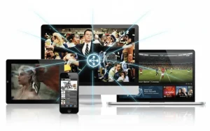 Multiple devices (desktop, tablet, phone, laptop) displaying IPTV content