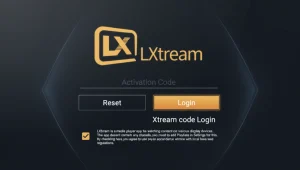 Interface de connexion moderne de l'application LXtream pour l'entrée du code d'activation, affichée sur un écran de télévision.