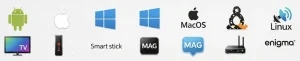 Bannière illustrant les icônes de tous les systèmes compatibles avec atlas pro IPTV : Android, iOS, Windows, MacOS, Linux, Smart TV, Fire Stick, Mag, Enigma