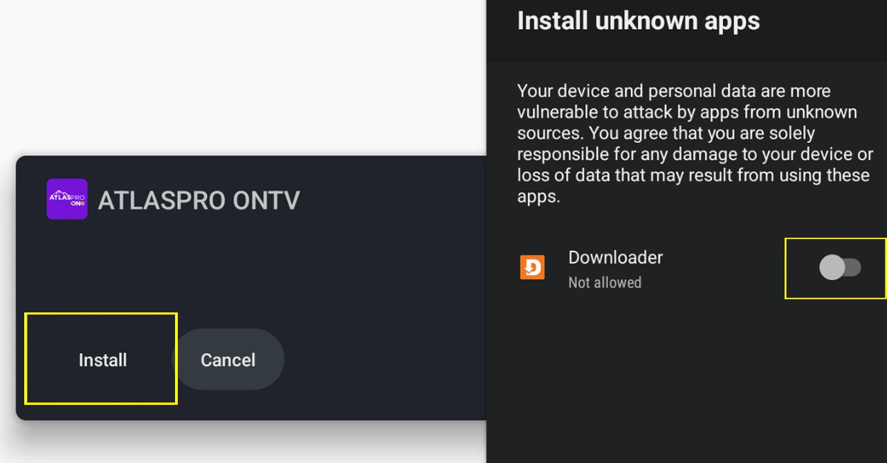 Fenêtre d'installation de l'application Atlas Pro ONTV sur Android TV