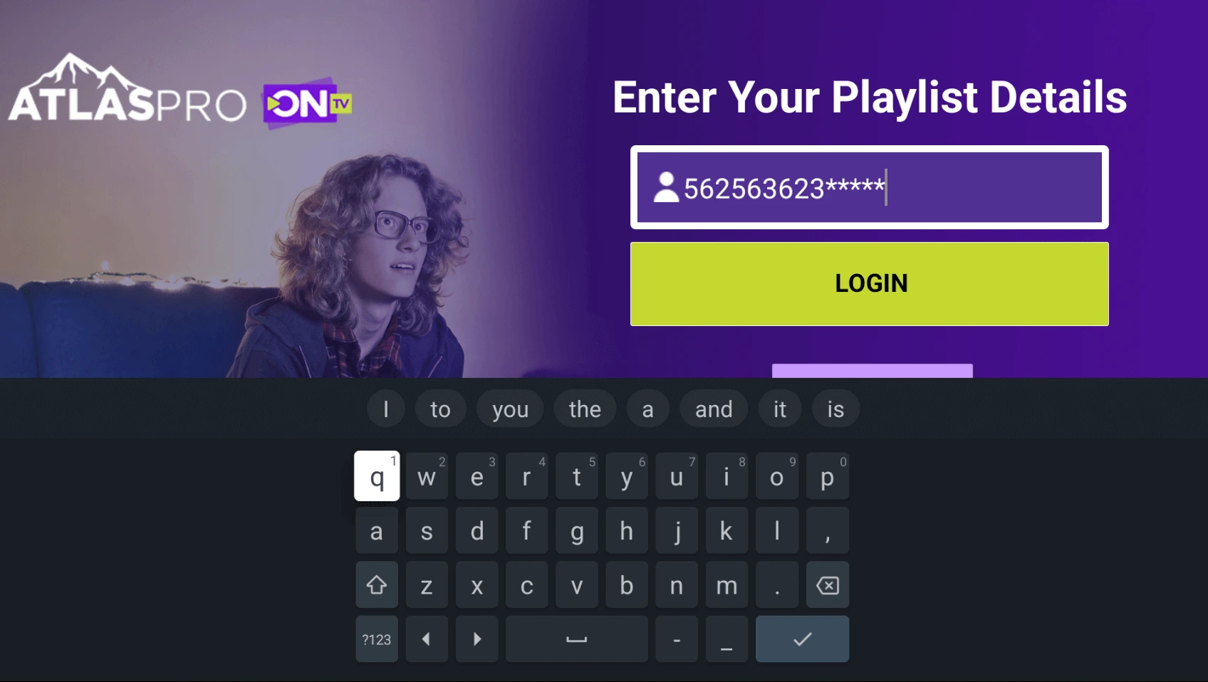 Interface de connexion Atlas Pro ontv application avec champs pour le code d'activation