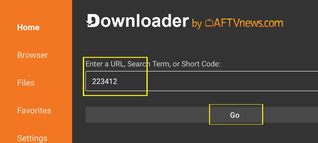 Saisie du code 223412 dans Downloader pour installer Atlas Pro ONTV